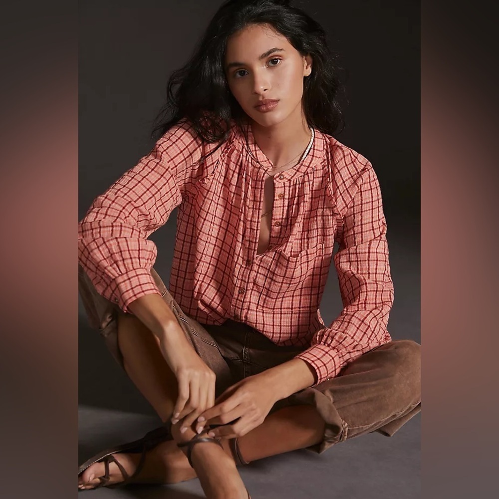 Anthropologie Pilcro Plaid Top Button Down Cottagecore Boho Relaxed salmon